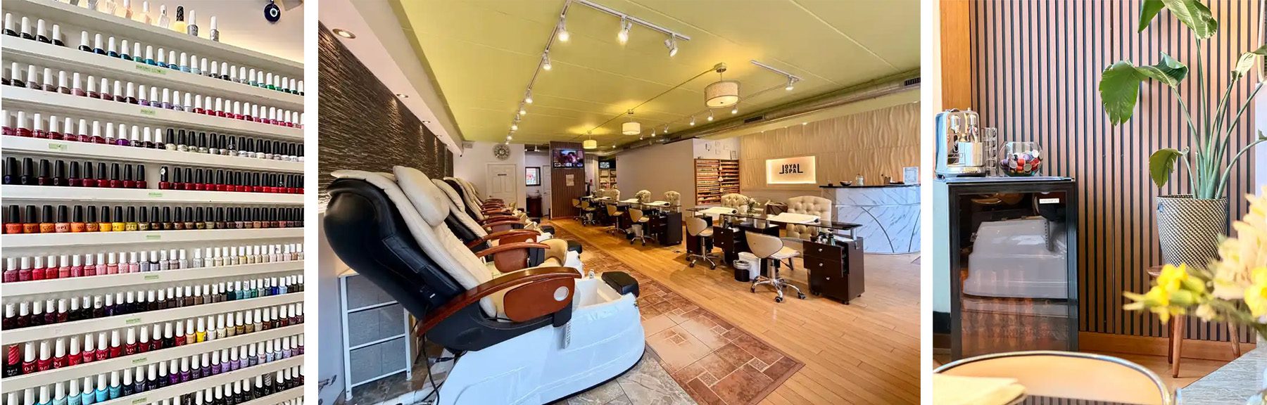 3 photos: nail polish. nail salon. flowers and chair.